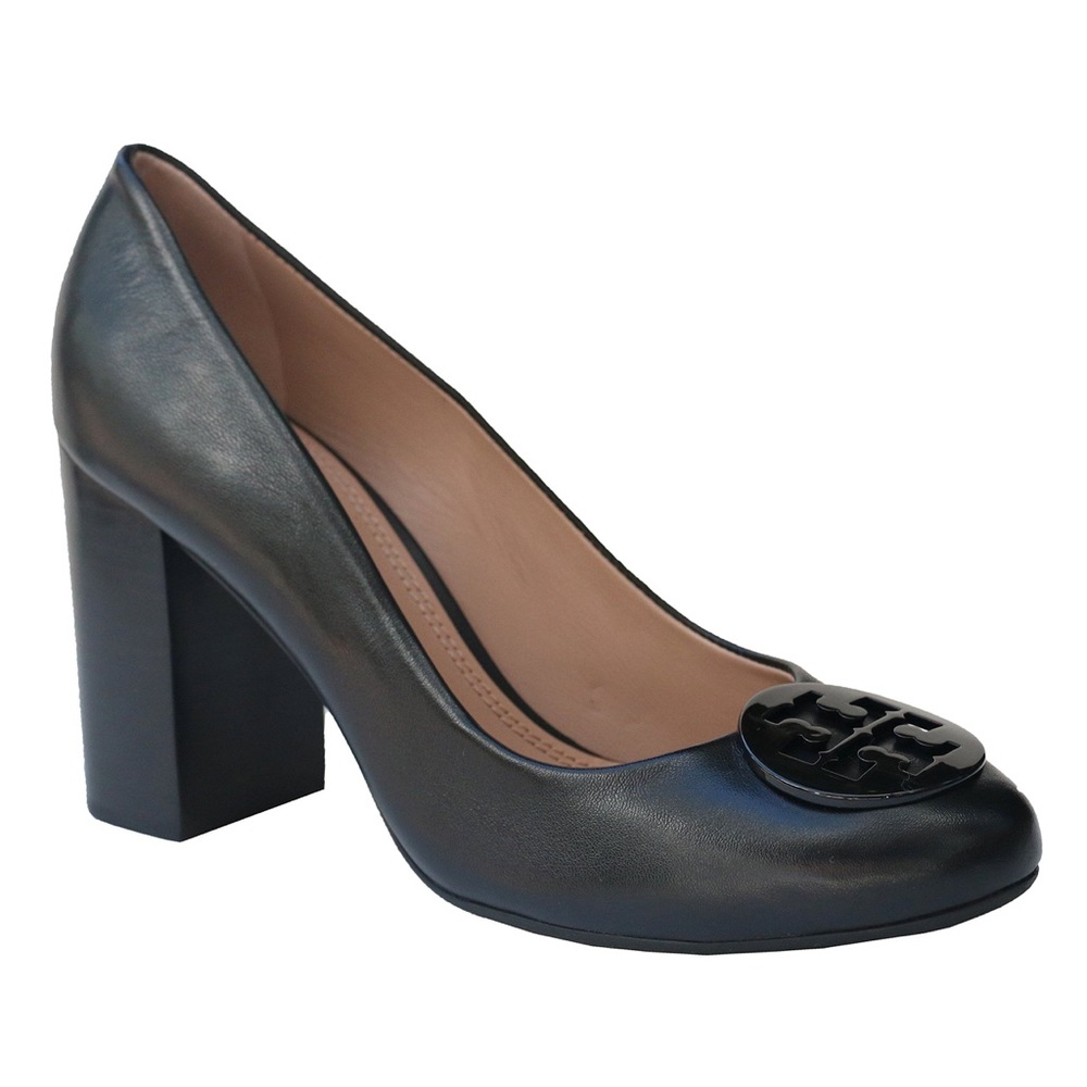 Tory Burch Powder Coated Shiny Logo Pumps Heel